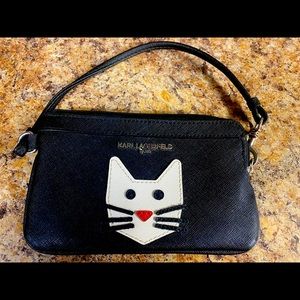 Genuine Karl Lagerfeld Zip Wristlet - Black w/ Cat